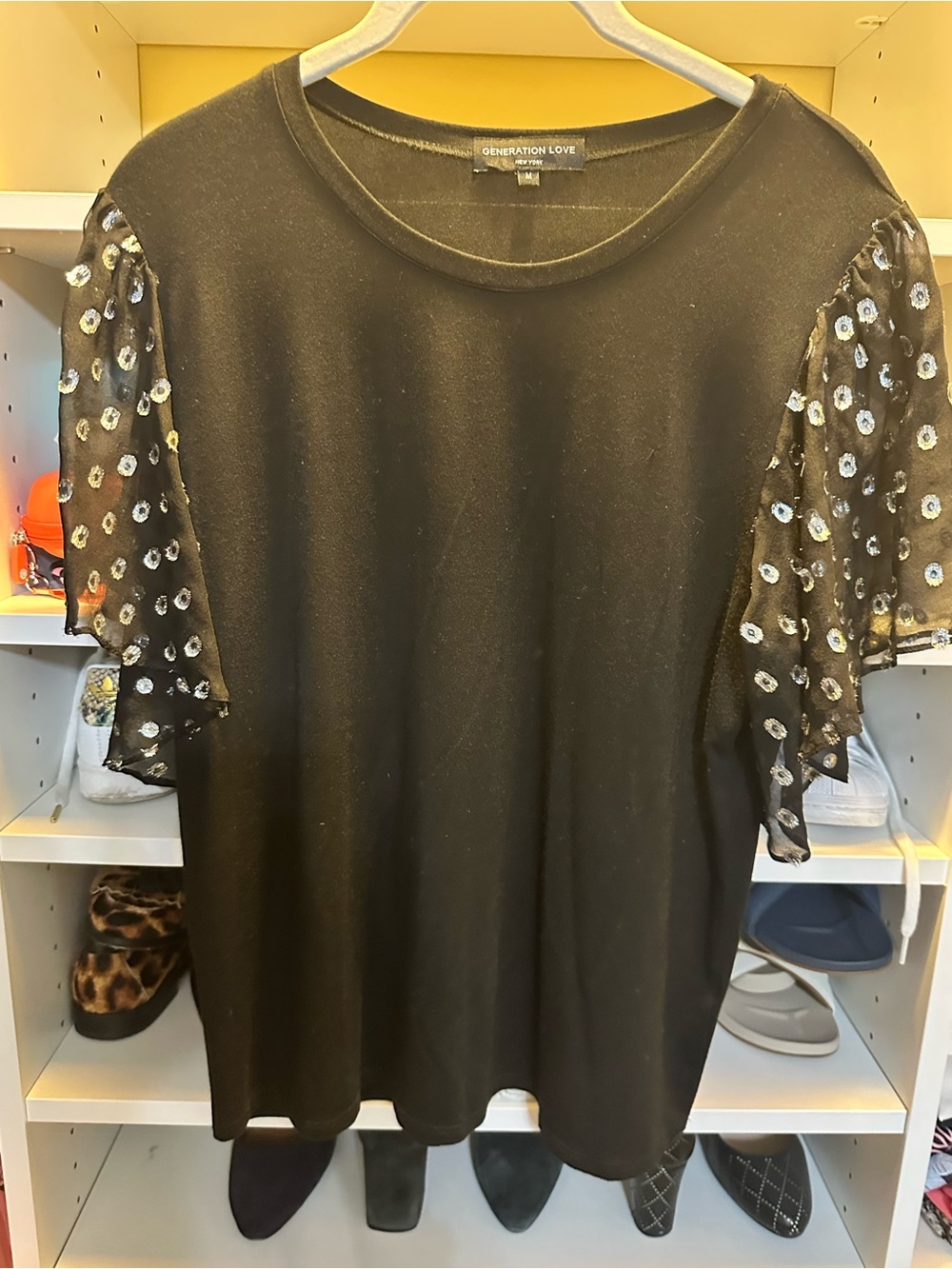 Generation Love Black Tee with Sheer Polka Dot Ruffle Sleeves